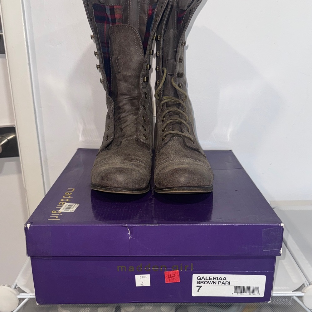 Madden Girl Gray Combat Boots with Plaid Detail